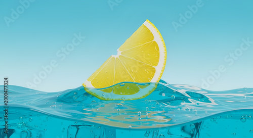 Lemon slice floating in refreshing sparkling blue water with ice cubes, vibrant citrus splash, cool summer beverage concept, hydration and freshness, beverage marketing background.