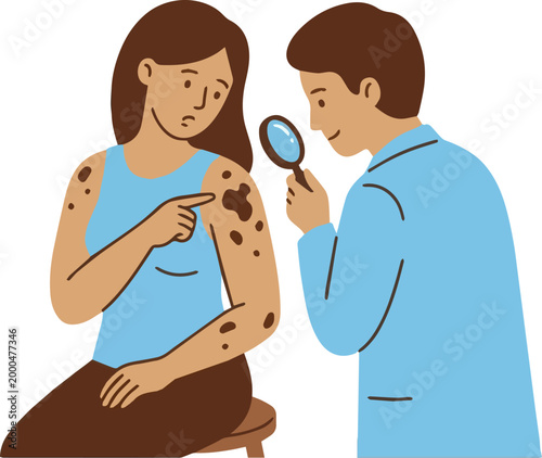 Professional dermatologist examining suspicious skin moles on female patient using magnifying glass vector illustration