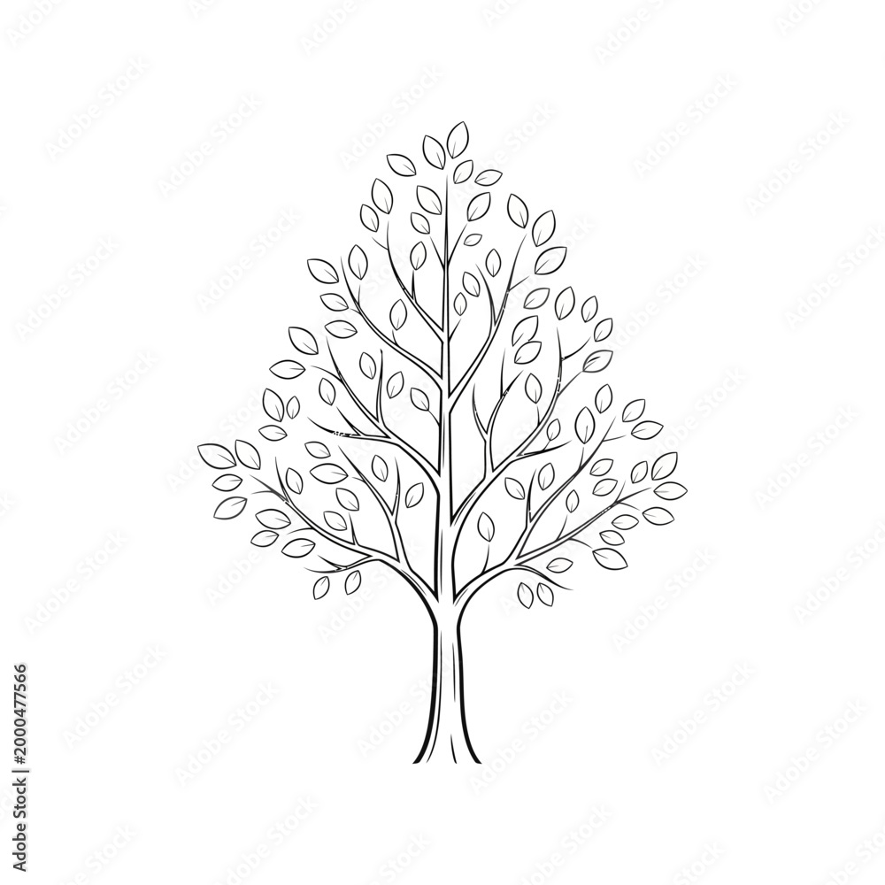 Obraz premium Minimalist Line Art Tree with Leaves - Simple Vector Illustration