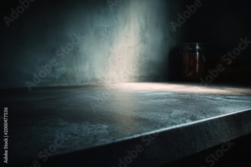 Muted tones blend in a dark kitchen surface illuminated softly by gentle light