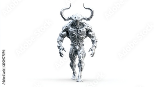 Imposing Horned Creature of Polished Chrome with Intricate, Flowing Musculature.