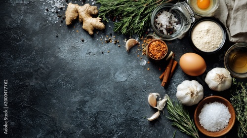 Exploring culinary creativity with fresh ingredients on a dark flat lay background