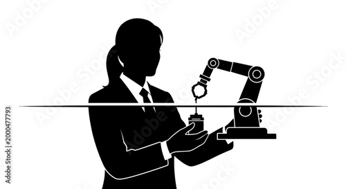 Silhouette of a Businesswoman Holding a Robotic Arm Representing Industrial Automation.