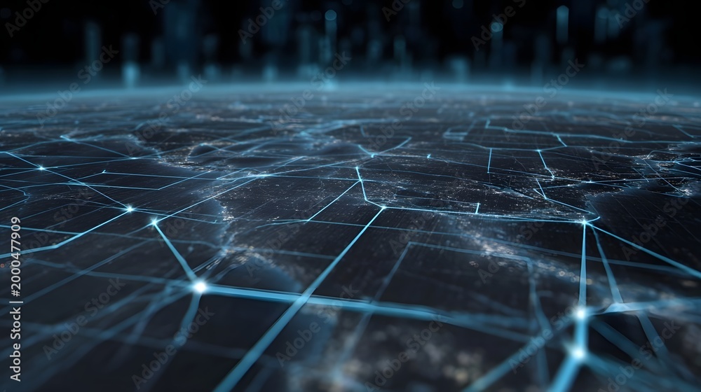 Obraz premium Illuminated digital network grid symbolizing global data transfer and futuristic connectivity