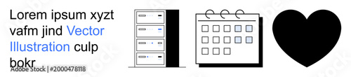 Technology, scheduling, organization, data storage, business management, love. Server stack, calendar with binding and heart silhouette . Technology and scheduling concept