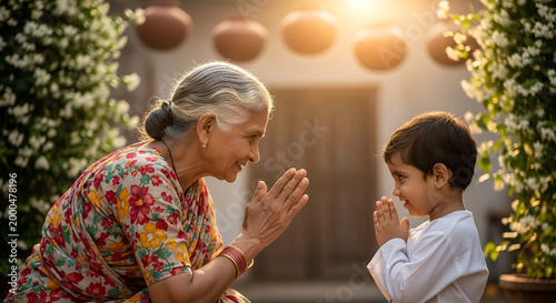 Indian grandmother and young grandson performing Namaste greeting in sunlit courtyard, traditional Hindu culture, generational bond, respect for elders, warm spiritual atmosphere.