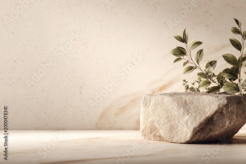 Creating organic beauty with a smooth stone and green leaves in a serene setting