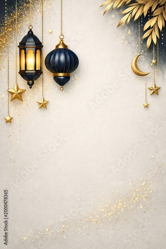 Sophisticated Islamic holiday background with hanging lanterns, stars, and a crescent moon in gold and dark blue tones with sparkling light trails