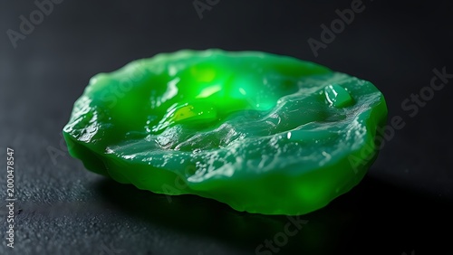 jadeite. Uncut jadeite rough stone glowing warm green under spotlight on dark surface. STEM education sheets, lab safety posters, designed for biotech research communications.