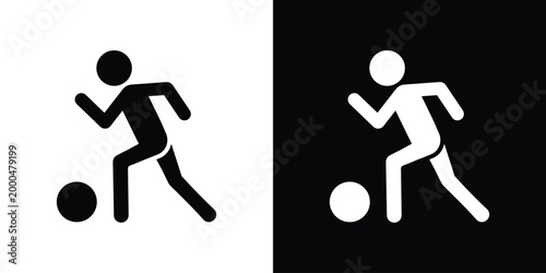 Vector graphic of a person running and dribbling a soccer ball. Represents football, sports training, or team games. Clean, simple black and white icon design perfect for sports-related projects.