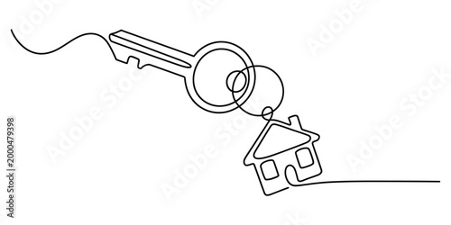 Continuous line drawing of a house key with home keychain