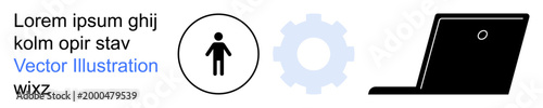 Technology, user interface, mechanics, business tools, development, engineering. A person icon, gear laptop silhouette and placeholder text. Technology and user interface concept