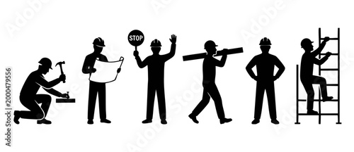 Construction worker silhouettes icon set, builder characters with tools, blueprint, ladder and stop sign for architecture, renovation, safety signage and industrial engineering project management visu