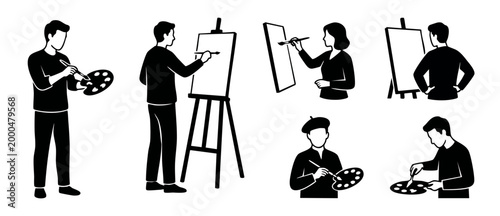 Artist painting collection icons, painters with easel and palette set. Creative art studio silhouettes for design, artistic hobby characters, sketching and drawing activities in simple black vector st