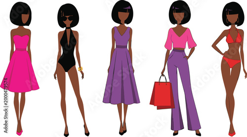 Stylish Black Woman Fashion Collection with Trendy Outfits Including Dresses Swimwear and Casual Wear for Modern Apparel Illustration and Design Projects.