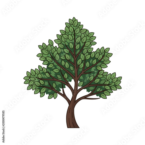 Stylized Green Tree with Lush Leaves and Brown Trunk, Isolated on White Background