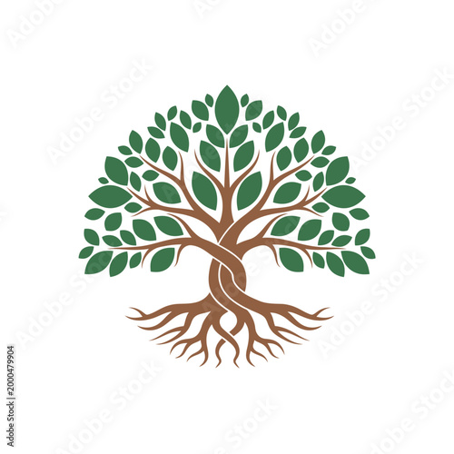 Stylized Tree of Life with Intertwined Roots and Green Leaves