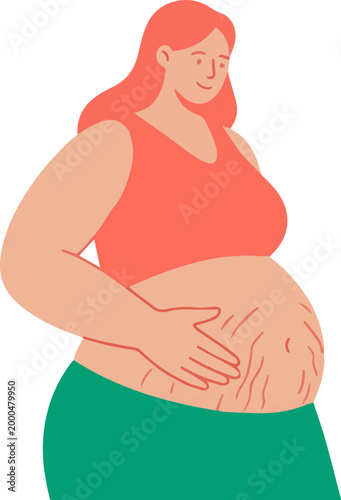 Happy woman touching her stomach with stretch marks, symbolizing body positivity and self-love vector illustration.