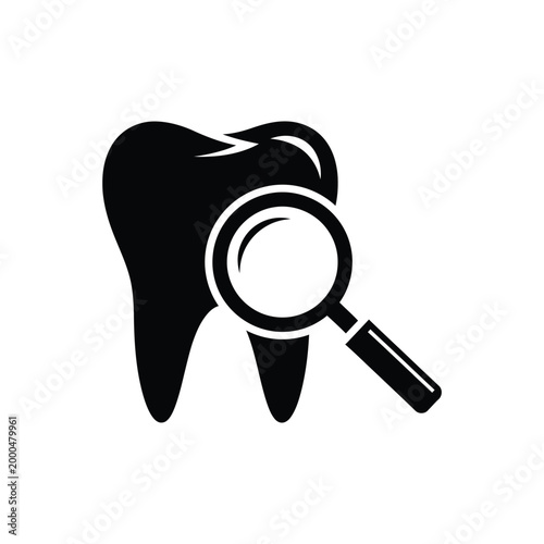 Dental checkup icon with magnifying glass and tooth, black silhouette molar for dentistry examination, oral health diagnostic vector symbol