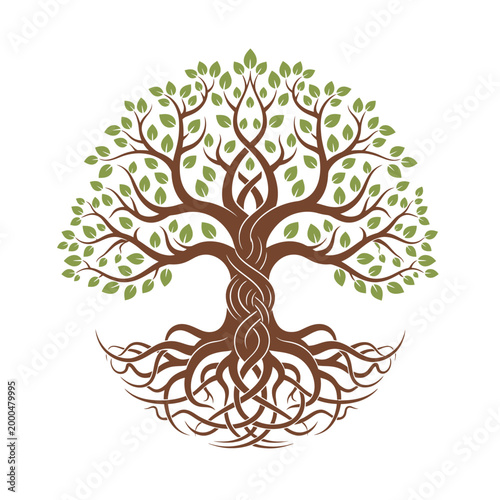 Stylized Tree of Life with Intricate Roots and Green Leaves on White Background