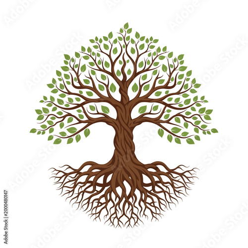 Stylized Tree of Life with Intricate Roots and Green Leaves