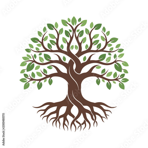 Stylized Tree of Life with Roots and Green Leaves, Symbolizing Growth and Nature