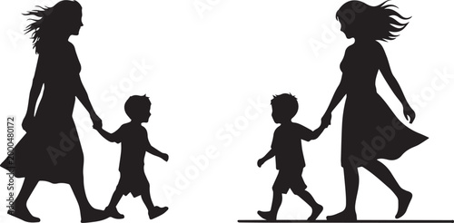 Black Silhouette Vector of a Mother Standing and Holding Hands with her Young Child while Walking Together