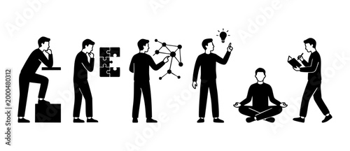 People Thinking And Brainstorming Icon Set, Problem Solving And Creative Ideas Concepts, Minimalist Vector Illustration Featuring Men Working On Strategy, Planning, Meditation, And Innovative Research