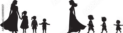 Black Silhouette Vector of a Mother Leading a Row of Diverse Children Walking Together in a Line
