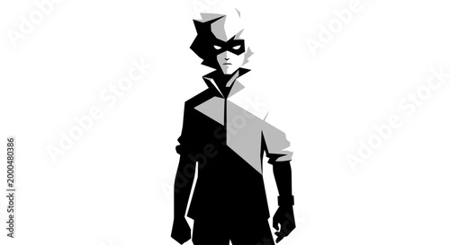 Stylized masked figure in monochrome vector art