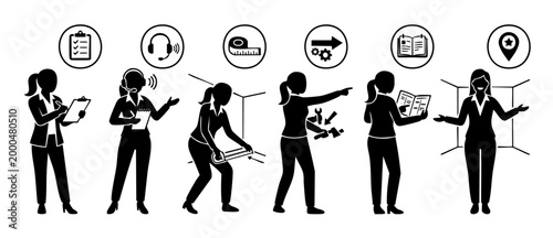 Business woman silhouette icons set for professional consultation and services, customer support, project measurement, technical guidance, manual reading, and location mapping for corporate workflow.