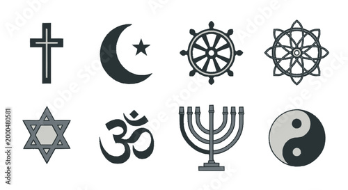 Photography Modern flat vector icon set featuring various religious symbols, representing gl