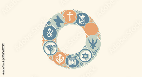 Circular emblem featuring symbols representing different religions and faiths arranged in a ring