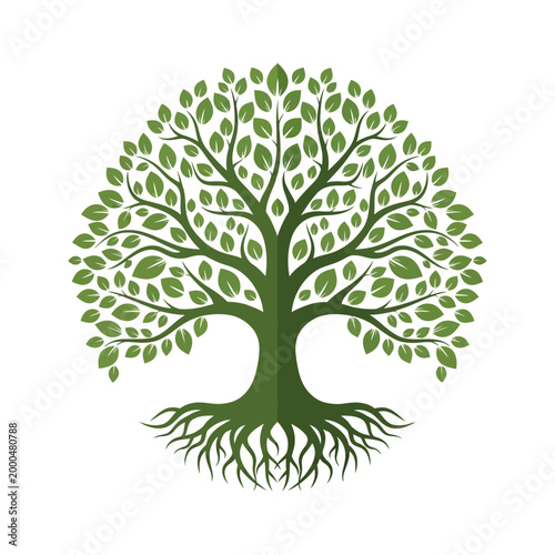 Vibrant Green Tree of Life with Intricate Roots and Leaves
