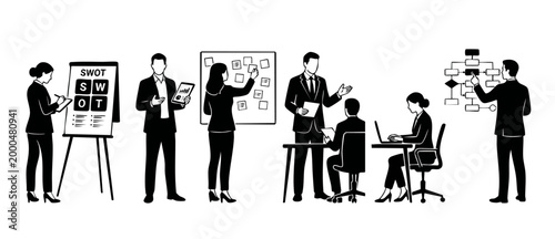 Business Team Planning Strategy Analysis, Office Collaboration Icons. Professional people using SWOT boards, data flowcharts, and tablets for corporate brainstorming, project management, and teamwork