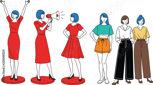 Women Character Collection with Different Outfits and Poses Including Casual and Activist Style for Lifestyle Illustration, Fashion Design, and Social Concept Projects.