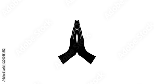 A minimalist black and white icon depicting two praying hands or a gesture of greeting, contemplation, or gratitude, set against a plain background