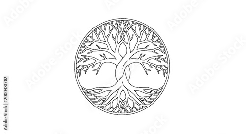 Striking Black and White Line Art Illustration of the Symbolic Tree of Life within a Circular Emblem