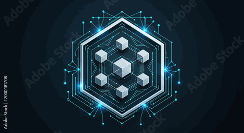 vector graphic of digital hexagon with cubes and circuit lines