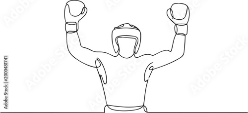 A triumphant boxer with raised fists in a victorious stance isolated on white background