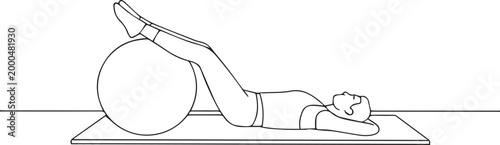 Continuous line drawing of a woman doing pilates with an exercise ball on a mat
