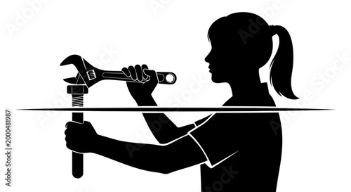 Silhouette of a female mechanic using an adjustable wrench to tighten a bolt.