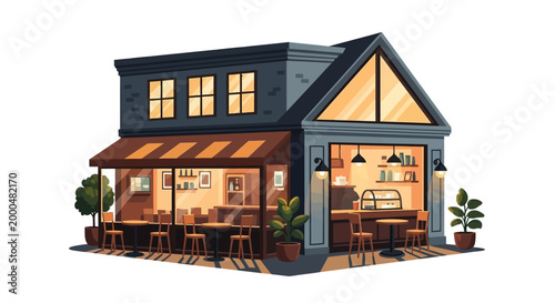 Vector illustration of a cozy caf? building with outdoor seating