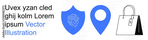 Data protection, geolocation, e-commerce, online shopping, identity security, navigation. Features a fingerprint shield, location pin and shopping bag icon. Data protection and geolocation