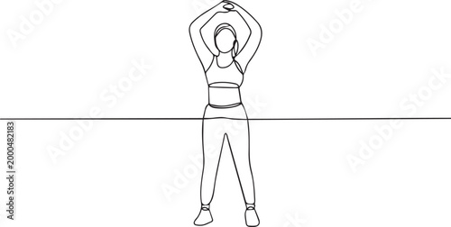 A woman in athletic wear stretching her arms up over her head in a simple line drawing