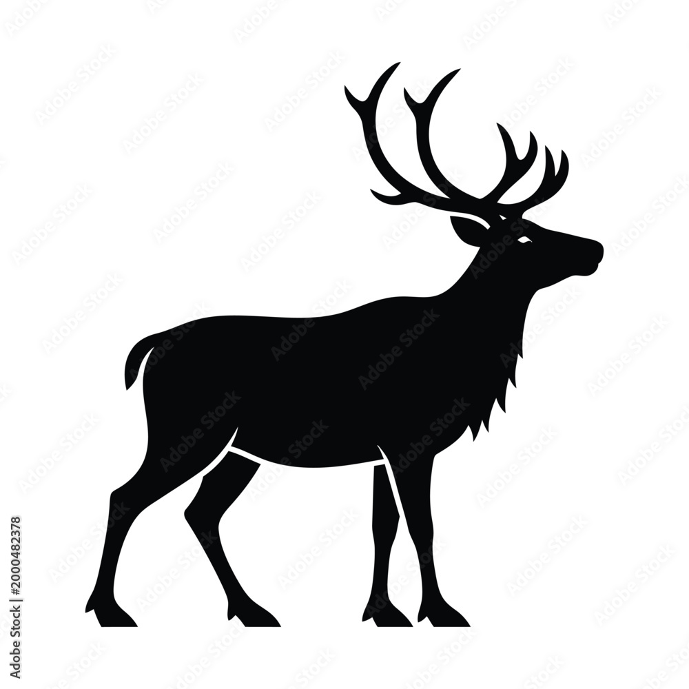 Naklejka premium Stag deer silhouette vector, majestic buck with large antlers, wild reindeer animal icon isolated on white background