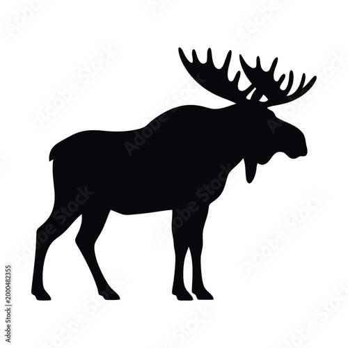 Moose silhouette vector, black elk profile icon, wild bull moose with large antlers, forest animal hunting logo