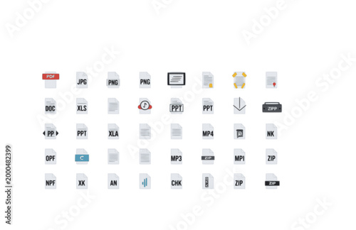 File Formats Extension Icon Set. Flat Vector Diverse Symbols for PDF, JPG, PNG, and DOC Document.