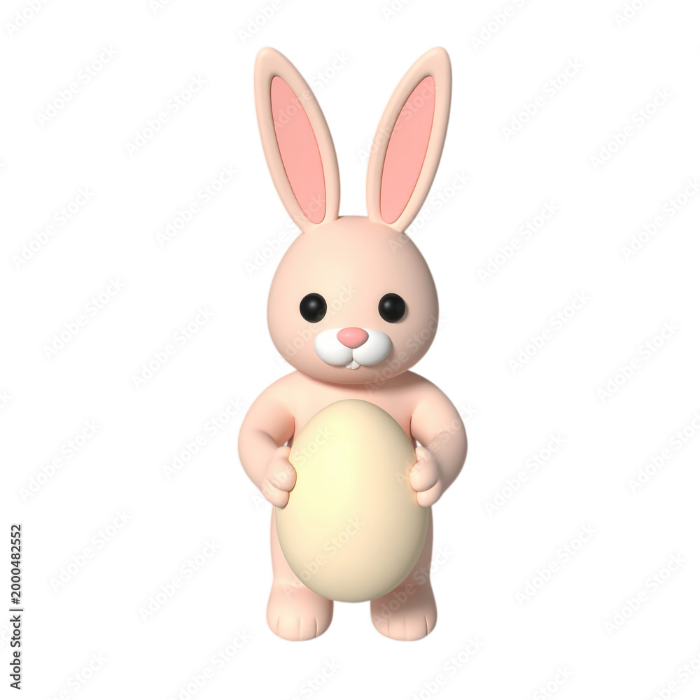 Obraz premium Pink clay 3 d bunny holding a cream egg, cute cartoon style png isolated on a transparent background