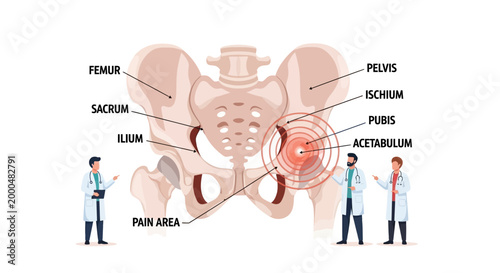 Human Pelvis Anatomy with Doctors and Hip Joint Pain Area